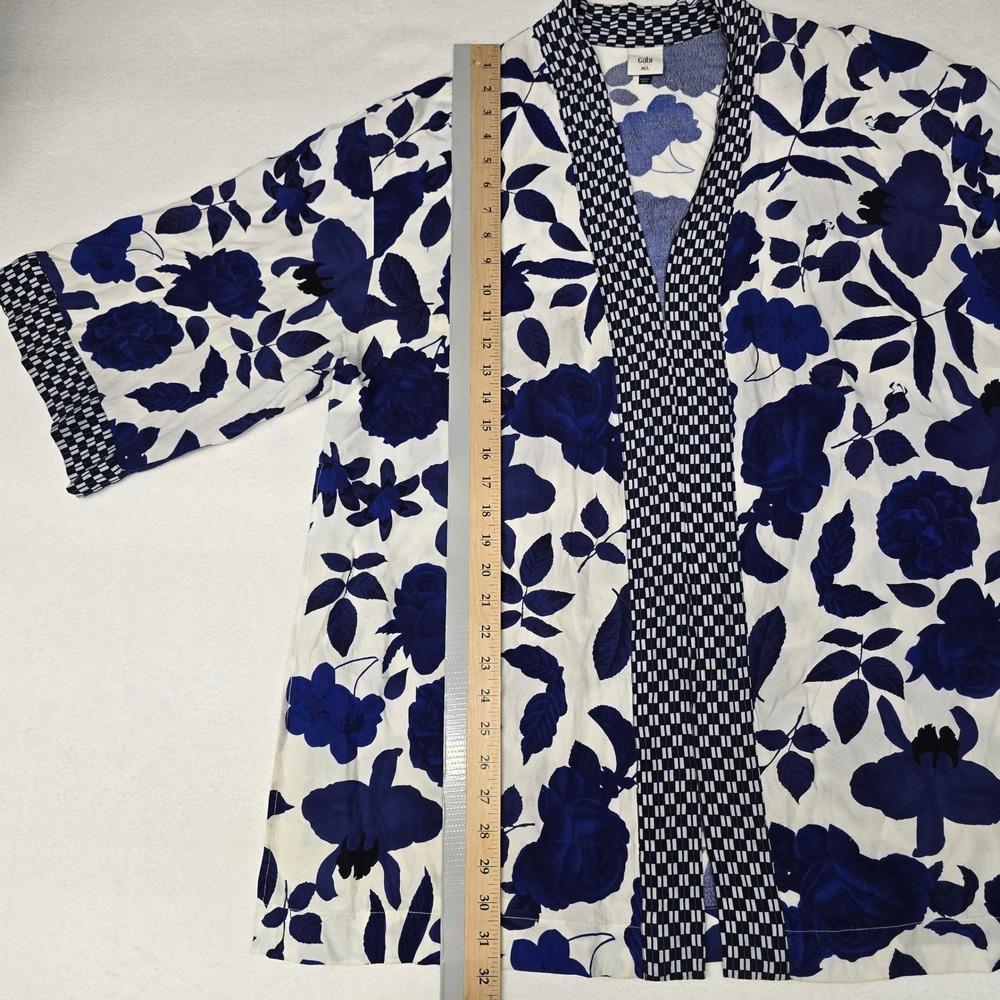 Cabi Blue White Floral Kimono Wrap Jacket Geometric Trim Open Front M/L - Picture 5 of 7